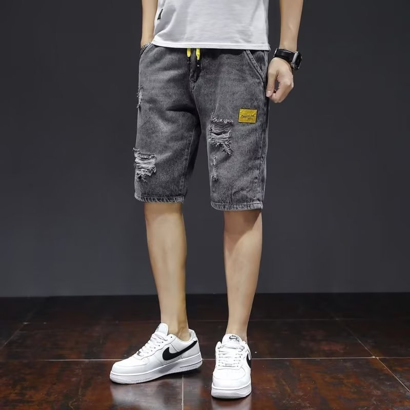 夏牛仔短裤男士潮流宽松五分裤休闲大码松紧腰破洞韩版外穿中裤衩