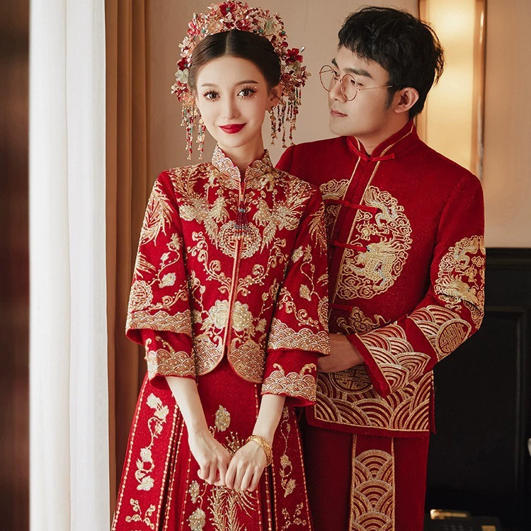 Костюм Сюхэ 2025: Новое поступление, свадебное платье невесты в традиционном китайском стиле, наряд с изображением дракона и феникса, платье для речи, комплект Сюхэ