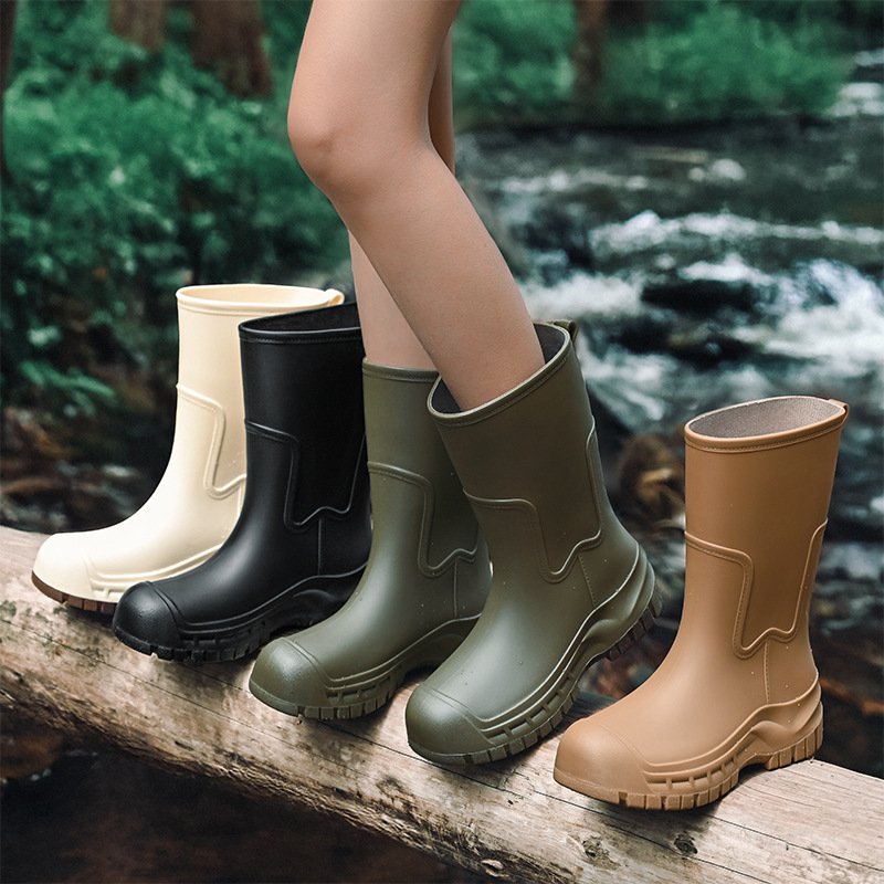 Women's Rain Boots 2025 New Adult Mid-tube Fashionable Outer Wear Waterproof Shoes Non-slip Silicone Rain Boots Thick Sole Height Increasing Rubber Shoes