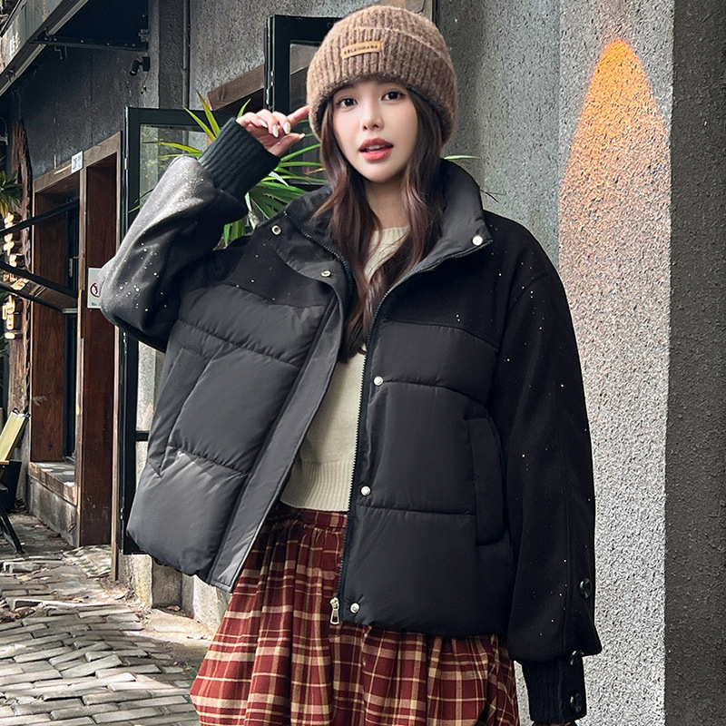 亮片棉衣拼接棉服女外套冬季2025新款小个子立领保暖短款外穿ins|undefined