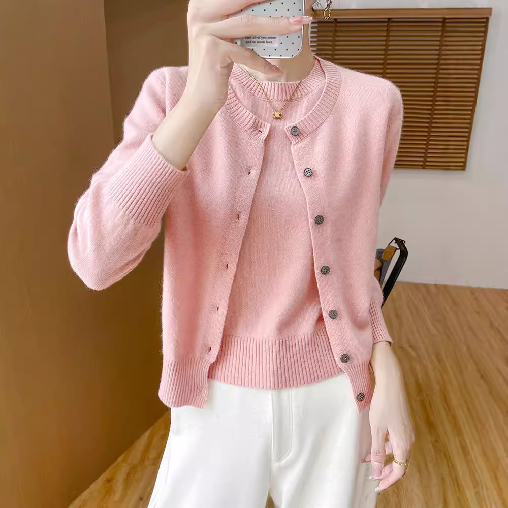 100 Wool Crewneck Cardigan Two-piece Set Women's Solid Color Long-sleeved Knitted Jacket Loose Cashmere Vest suit Sweater