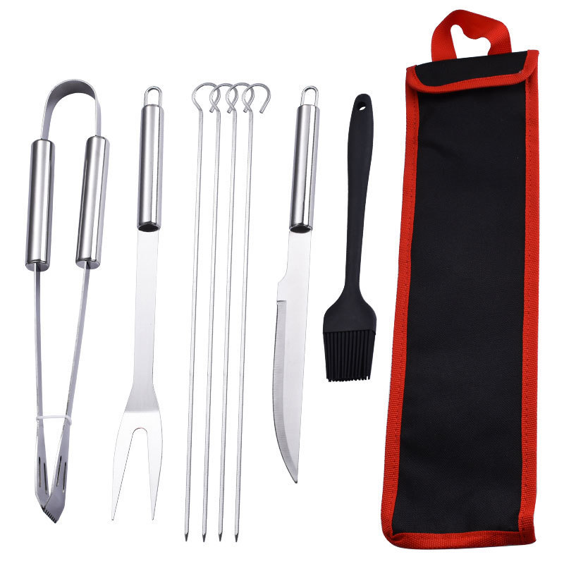 Fábrica directa de acero inoxidable BBQ set 9 piezas fuera del hogar conveniente bolsa de tela portátil herramienta de barbacoa