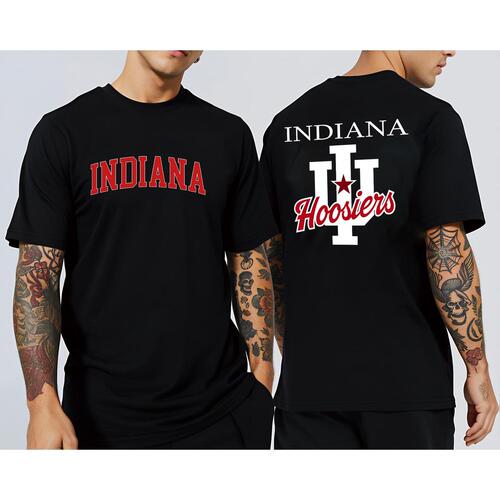 Cross-border European code Indiana Mountaineer team logo positive and negative printed T-shirt men's round collar campus style top