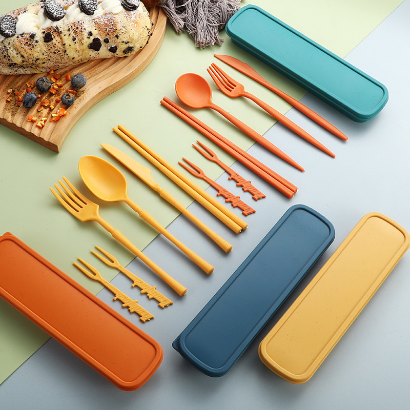 Cross-Border Wheat Straw Tableware Small Waist-Shaped Portuguese Knife, Fork, Spoon, Chopsticks, Fruit Fork, Outdoor Portable Set for Daily Use