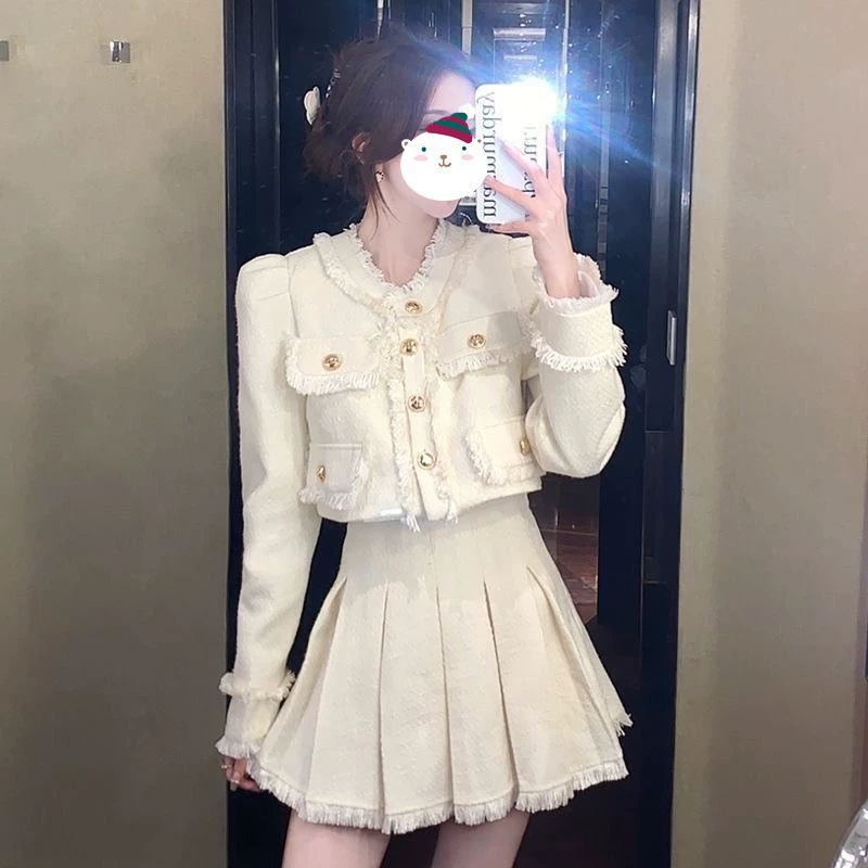 Новый костюм G2025 в французском стиле, короткий топ, осенняя плиссированная юбка, стройнящий силуэт, комплект из двух предметов