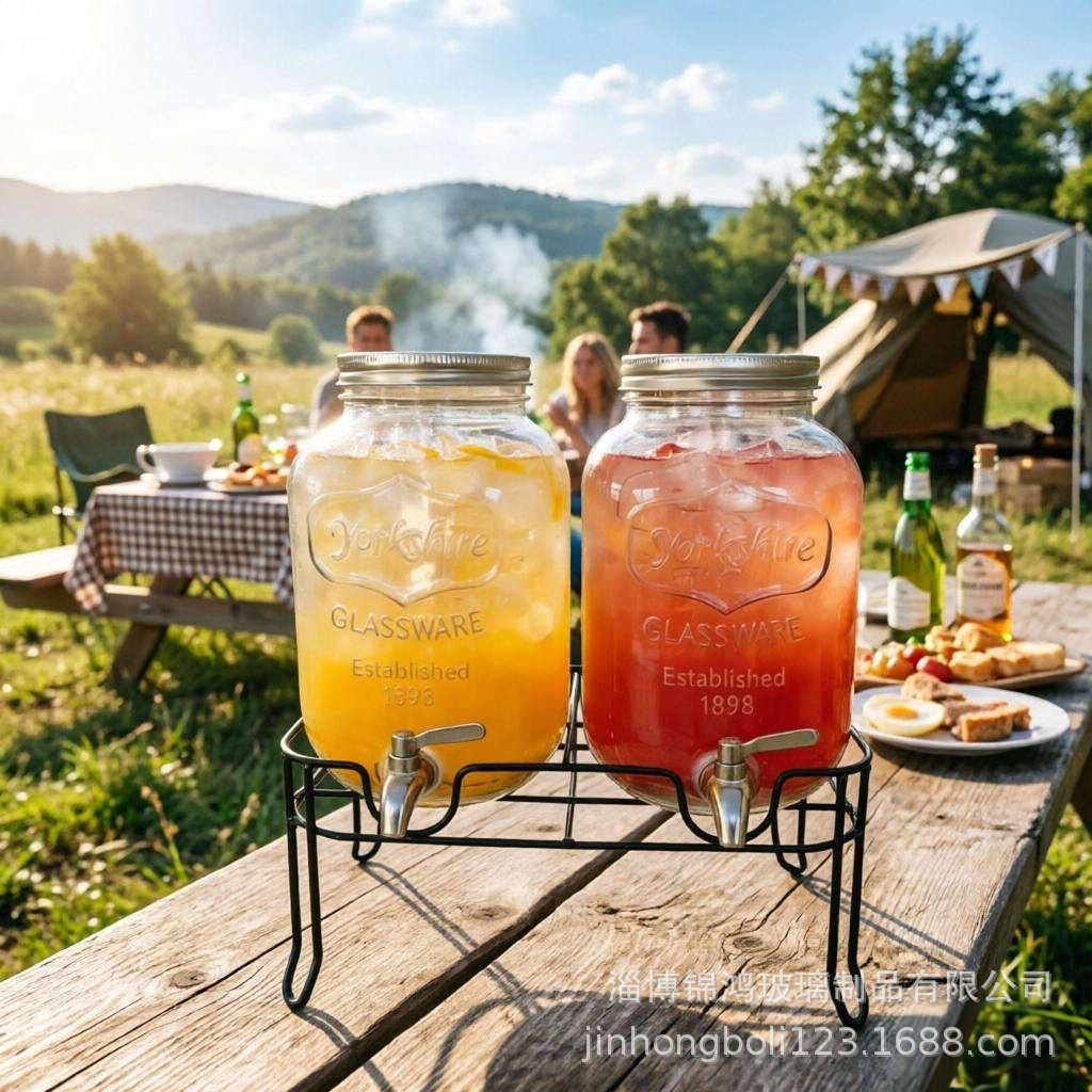 厂家供应跨境电商1加仑4升双只装无铅玻璃冷水饮料桶玻璃果汁罐