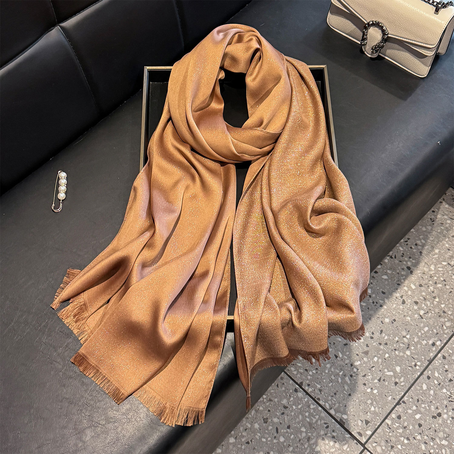 Women's Gold Thread Tencel Cotton Silk Scarf Solid Color Fashionable Versatile Thin Long Beach Neck Warmer_voghion.com