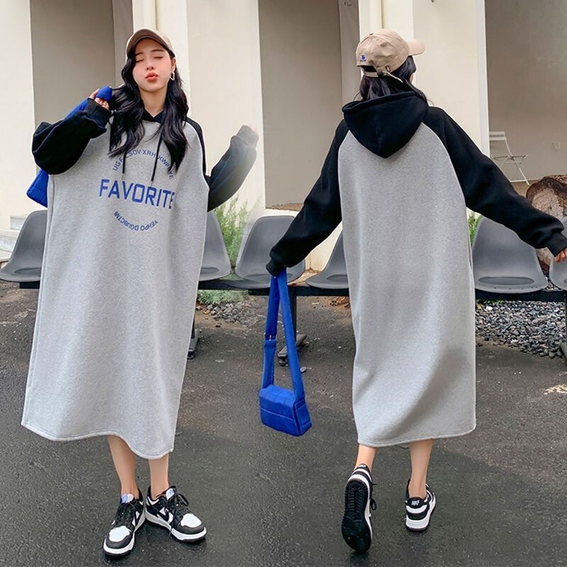Autumn and winter heavyweight hooded sweatshirt dress for women, plus size, loose fit, raglan sleeve dress, slimming and casual versatile dress