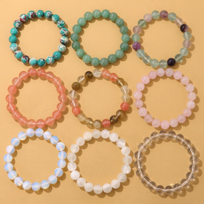 Cross-Border 10mm Round Beads Pierced Natural Green Aventurine Rose Quartz Handmade Beaded Bracelet for Men and Women Simple Jewelry Gift