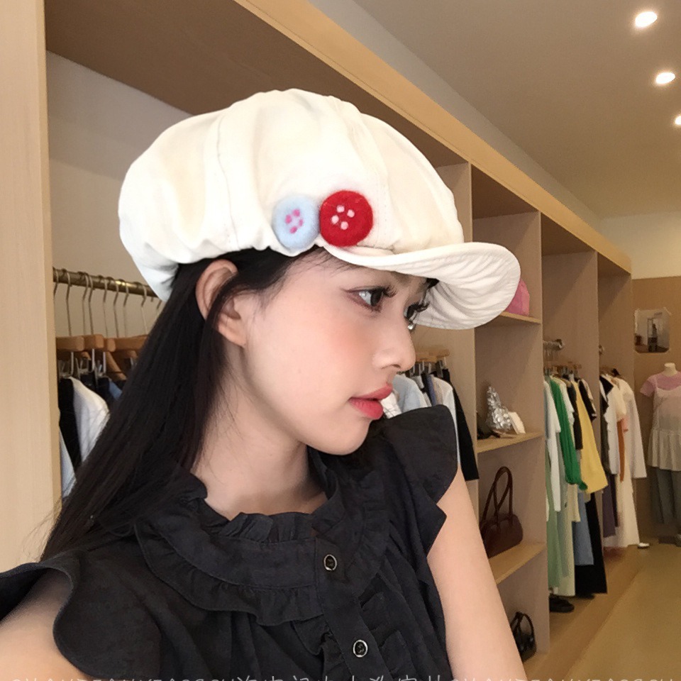 日系原创设计复古日系棉麻八角帽彩色毛毡纽扣画家帽不对称贝雷帽