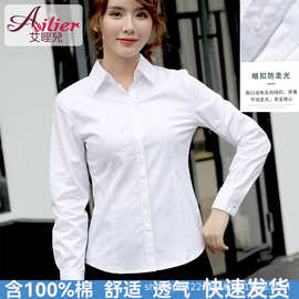 100%纯棉女土职业白衬衫商务修身显瘦长袖方领打底衣百搭正装上衣