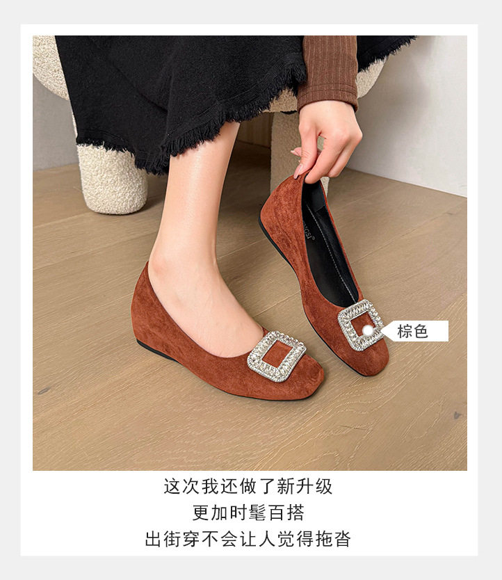 Giày búp bê nữ mũi vuông đính đá, da lộn, đế mềm độn trong, gót xuồng thấp — Màu kaki, Màu nâu, màu đen chi tiết 9