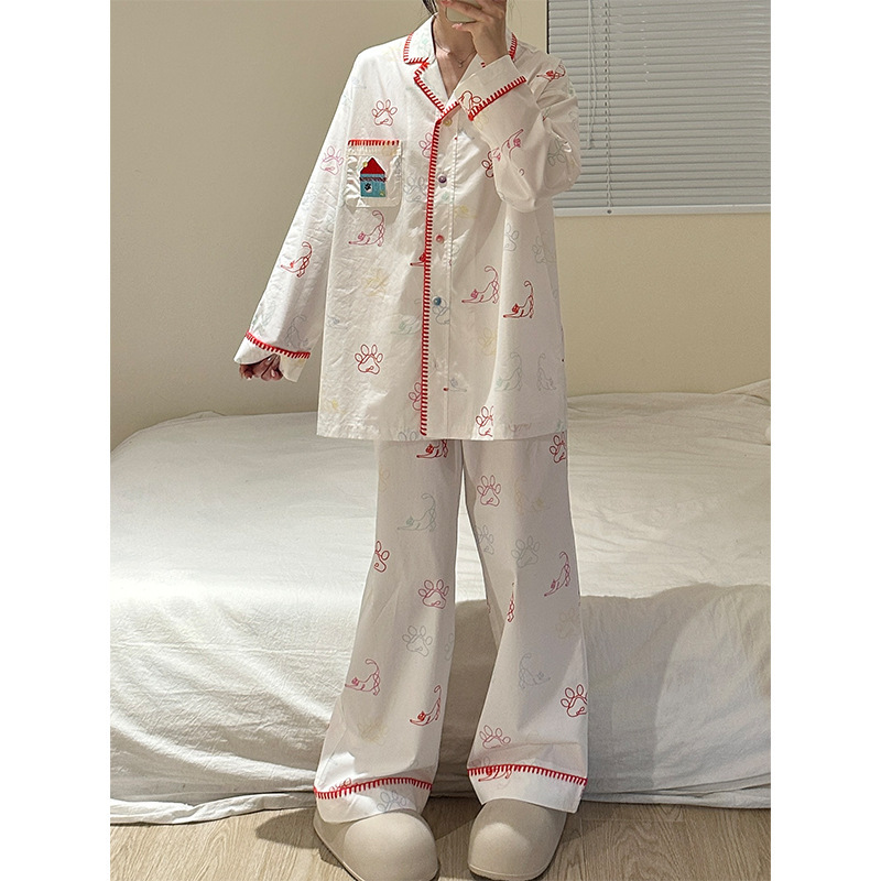 韩版设计感卡通印花长袖睡衣女春秋款宽松开衫长裤家居服套装外穿|undefined