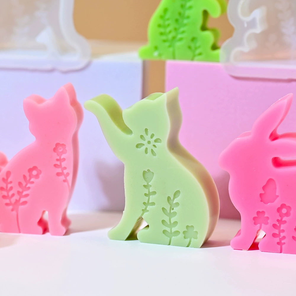 Rabbit, silicone mold, candle with butterfly, flowered, handmade