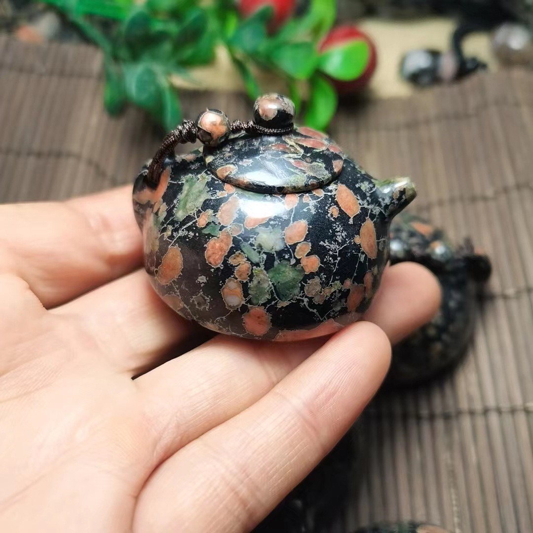 天然梅花玉把把壶玉器文玩批发安山岩玉带磁性汝阳梅花玉茶壶批发