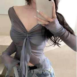 美式独特绝美上衣女秋季辣妹性感小众网纱扎染长袖t恤内搭打底衫