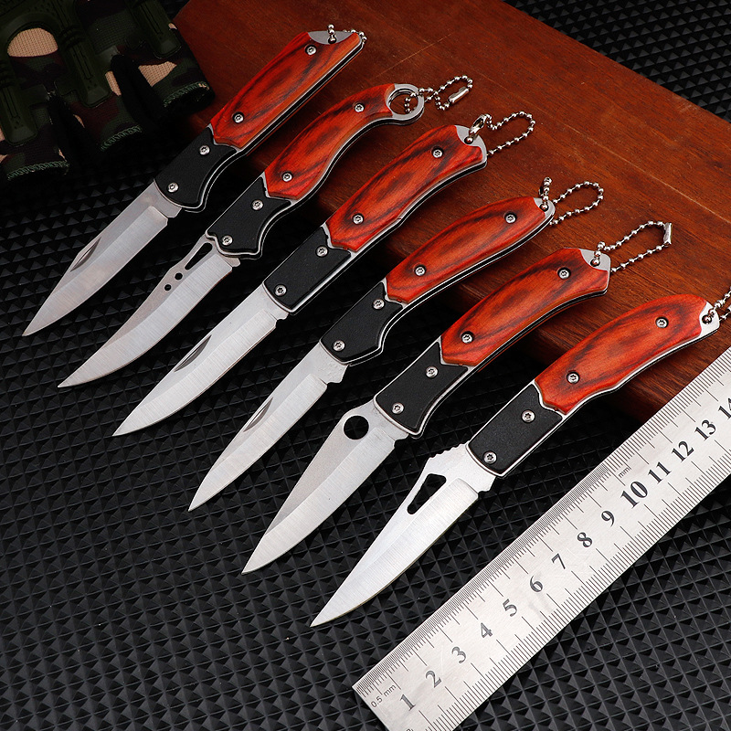 彩木柄户外迷你折叠刀多功能小折刀野营防身随身口袋刀具