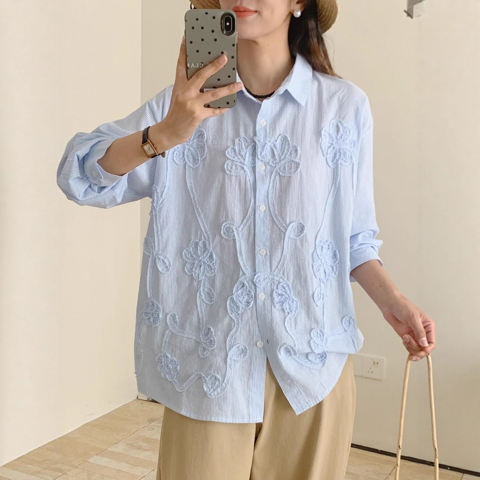82345 Designed Jacquard Embroider Single-Breasted Long-Sleeved Shirt for Women Sweet 2025 Autumn New Slimming Look Top