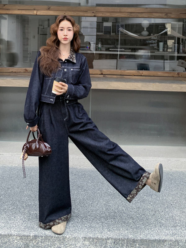 蓝色牛仔套装女秋季2025新款韩系高级感穿搭一整套阔腿两件套拼接|undefined