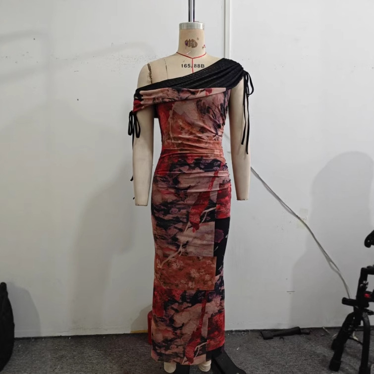 Off-shoulder Printed Mesh Dress For Women, Summer Cheongsam, Sexy Slim-fit Bodycon Long Dress, Light Luxury_ecoleips.com
