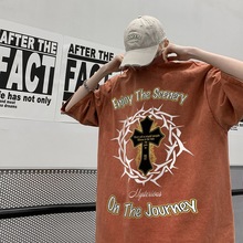 欧美hiphop水洗做旧t恤小众设计感十字架印花短袖男夏季七分