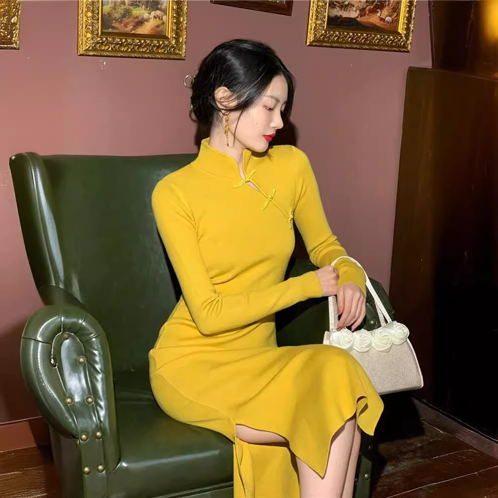 6048知性优雅~旗袍改良版立领修身显瘦开叉包臀连衣裙针织裙长裙