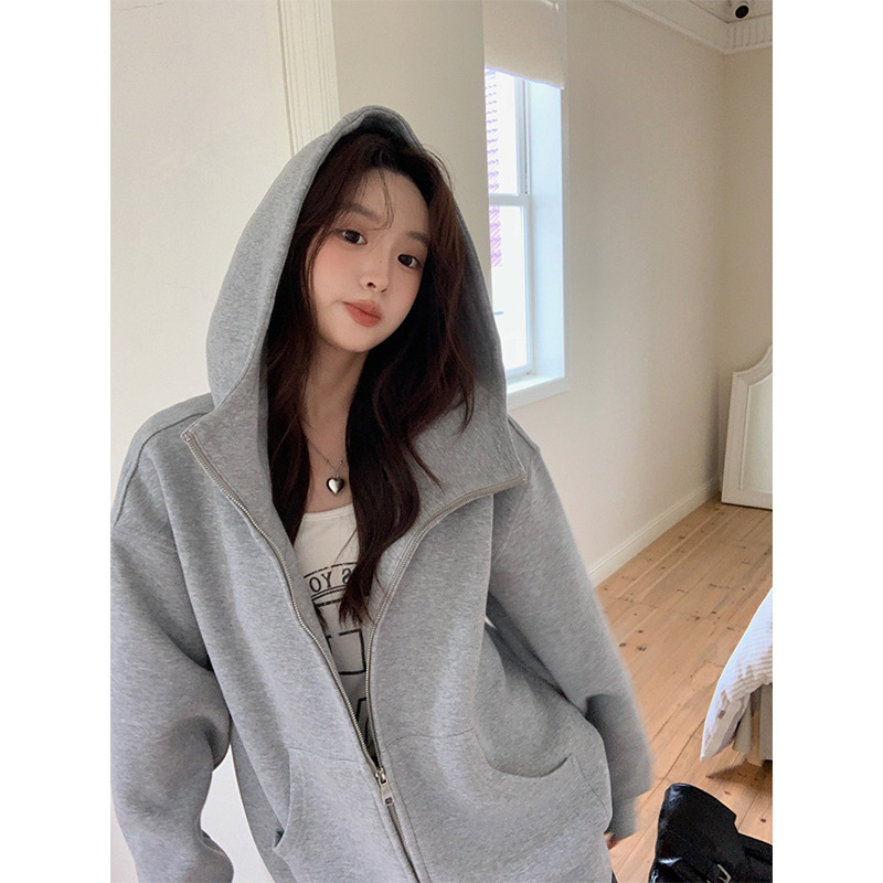 鸿衫早秋灰色连帽卫衣外套女宽松韩版2025新款休闲开衫卫衣上衣