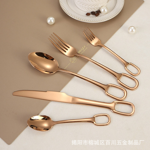 Jieyang tableware cross-border 304 stainless steel spoon ring steak knife and fork spoon titanium plated European hanging hole fork tea spoon