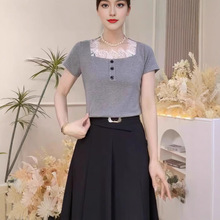 纯欲方领蕾丝拼接方领短袖内搭打底衫女正肩修身上衣蕾丝针织衫