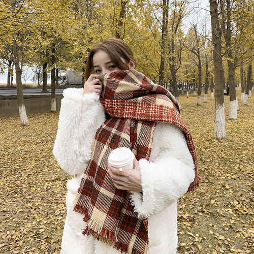 ins style scarf for women winter thickened korean style student versatile cute soft girl british red plaid internet celebrity scarf