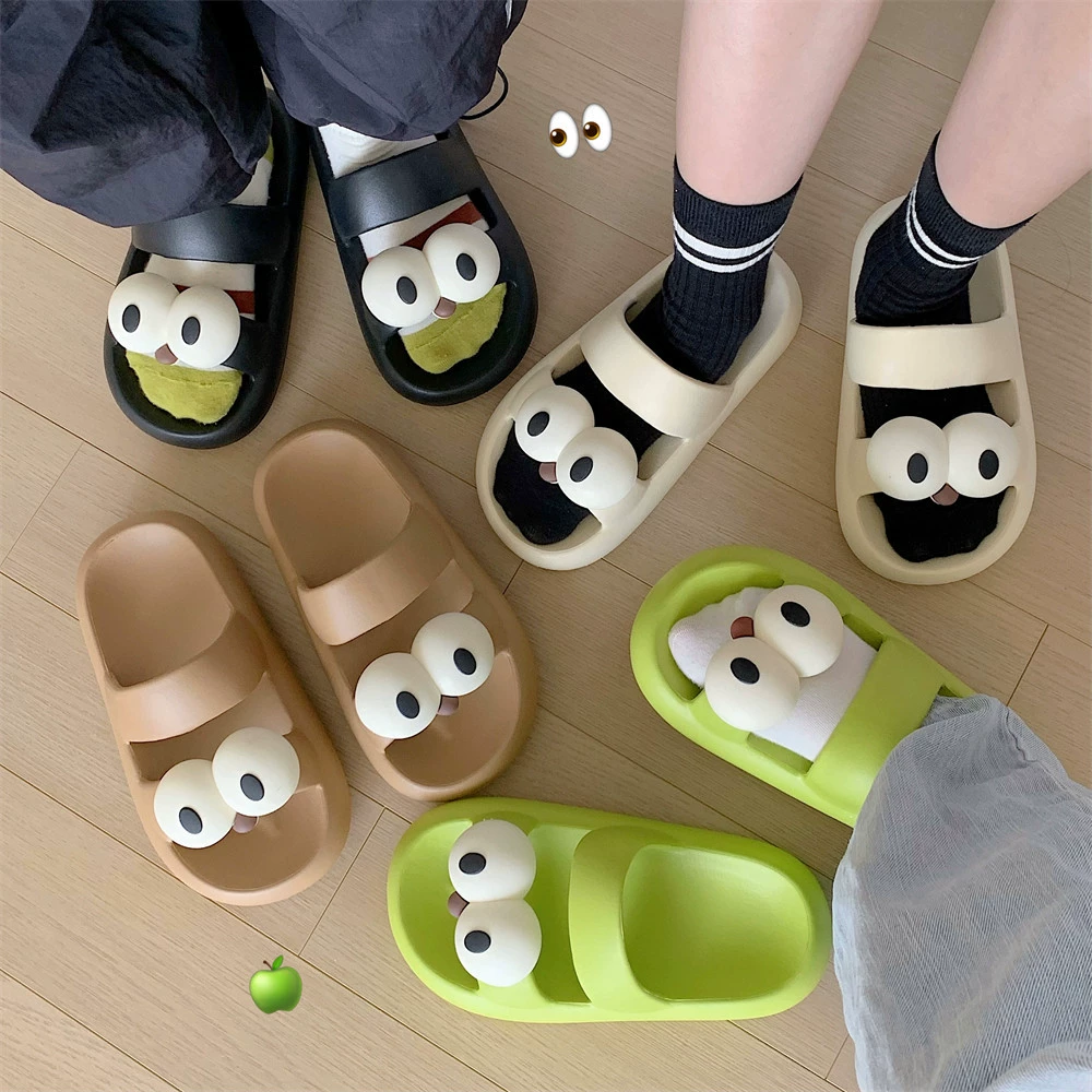 Пляжная обувь на толстой подошве из ЭВА для летних развлечений и забавные милые сандалии с двойными ремешками и большими глазами на толстой подошве для женщин