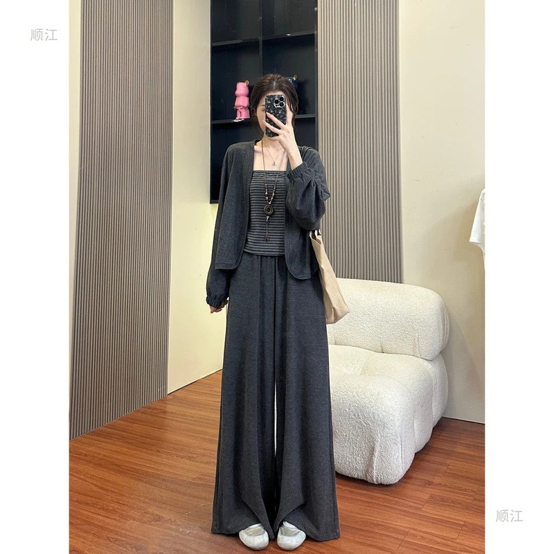 (Full) Autumn New Style Stripesd Camisole Cardigan Jacket + Wide Leg Pants Three-Piece Set for Women Autum Fashion Set (Full) Autumn New Style Stripesd Camisole Cardigan Jacket + Wide Leg Pants Three-Piece Set for Women Autum Fashion Set