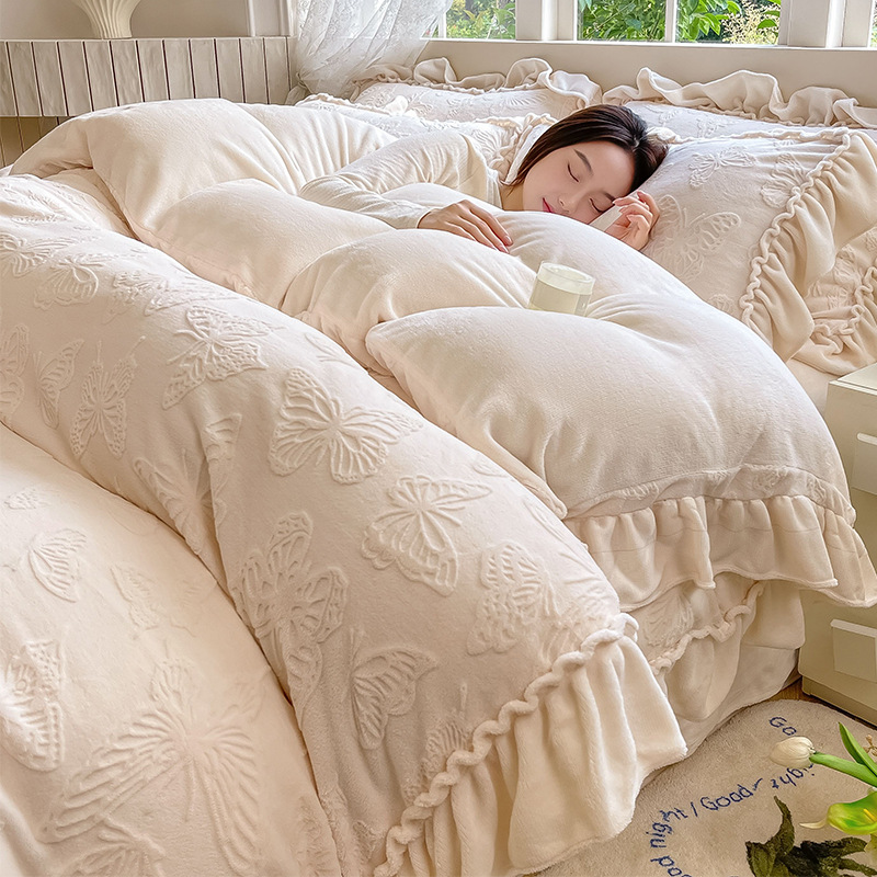High-end engrosado A clase de leche de lana de cuatro piezas de invierno tallado doble cara coral edredón cubierta cama de cama tipo 4