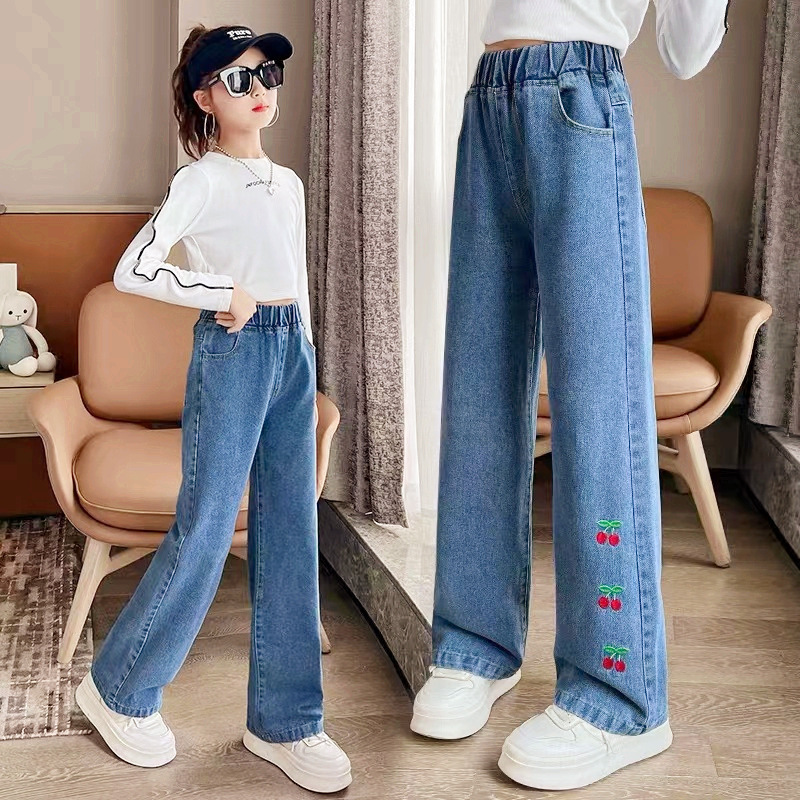 女の子のワークジーンズ春と秋の新しい工場子供服卸売中型および大型子供用ストレートレッグルーズワイドレッグ子供用ズボン|undefined