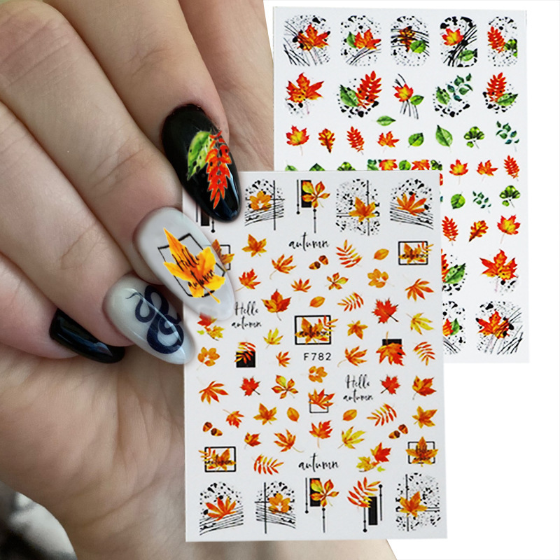 Cross-Border Nail Art Sticker Ins Autum Maple Leaf Art Line Flower Thanksgiving Adhesive 3D Nail Decal Set