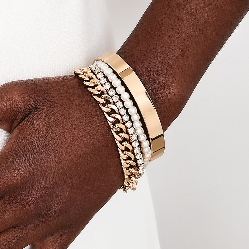 4-piece set of fashion temperament metal multi-layer pearl row drill 4 women's open bracelet bracelet engagement ball wear