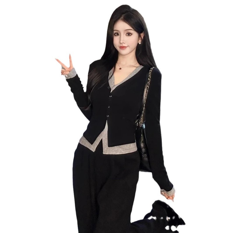 小个子时尚搭配一整套女2025春秋撞色假两件开衫上衣阔腿裤两件套|undefined