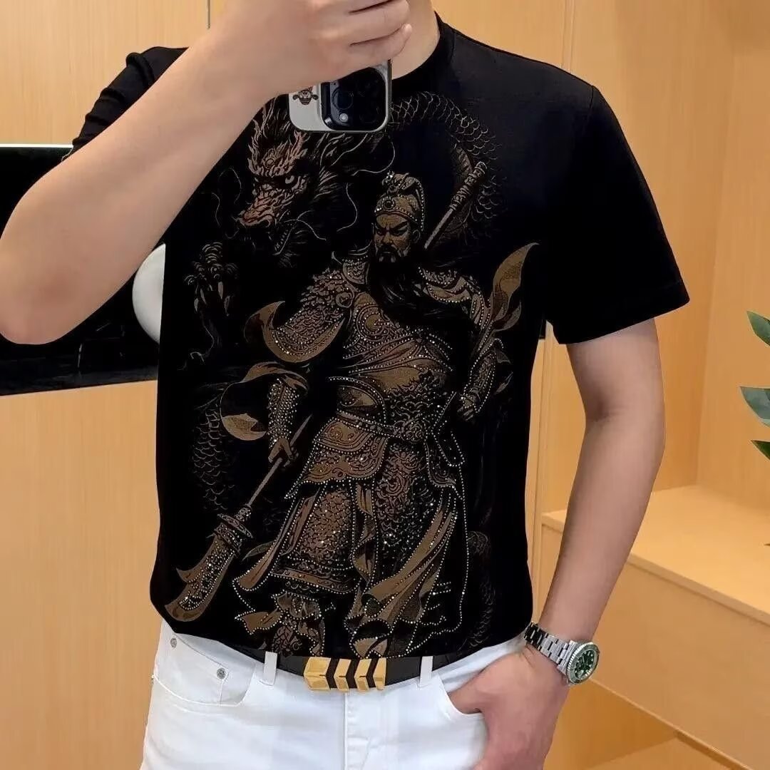 2026 verano nuevo hombre social hegemónico Guan Yu caliente taladro camiseta de manga corta hombre dragón volador en el cielo delgado tendencia de estilo libre