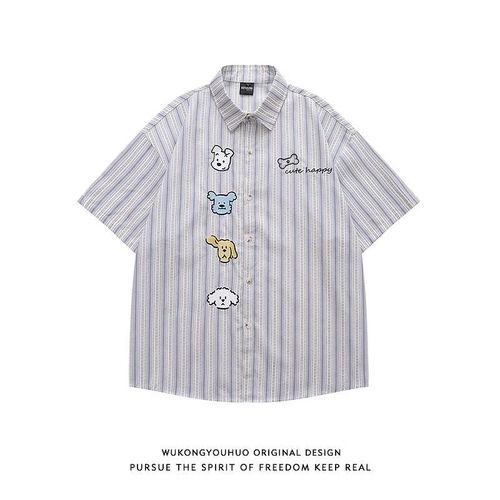 Fun cartoon dog embroidery short-sleeve shirt for men, summer couple loose lazy style casual striped shirt outerwear