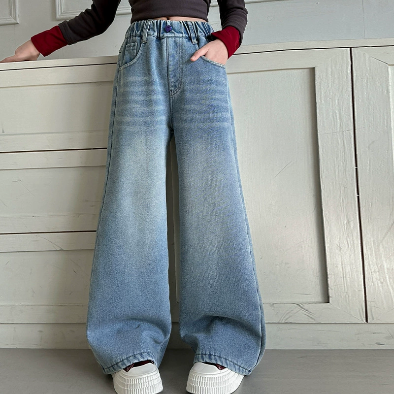 Denim demi-season jeans, children's spring trousers, loose straight fit, for teenagers
