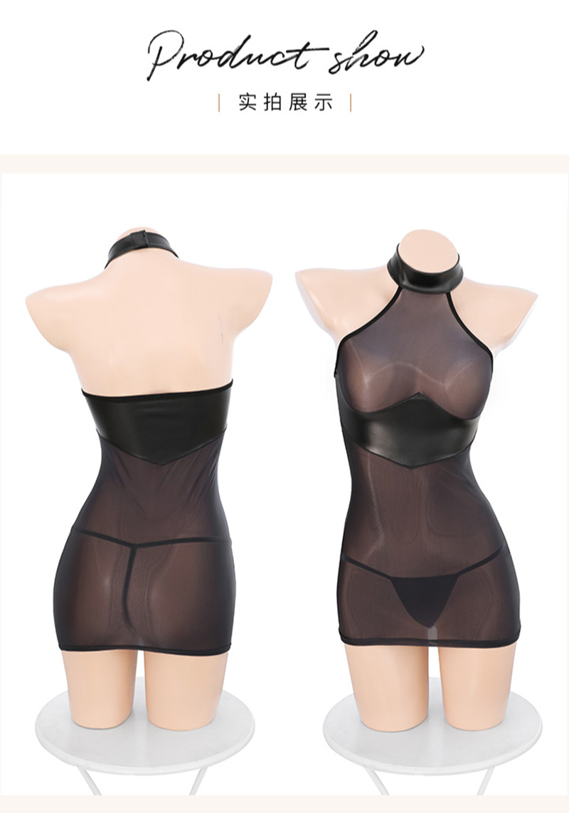 See-Through Hip-Hugging Secretary Skirt Dress, Patent Leather Patchwork, Pull-On Black Lingerie — detail image 15