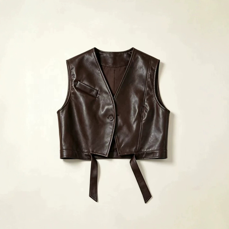 2026 Spring/Autumn New Collection: Retro Casual V-Neck Leather Vest for Women, Commute-Ready, Relaxed Fit, Short Outerwear 2026 Spring/Autumn New Collection: Retro Casual V-Neck Leather Vest for Women, Commute-Ready, Relaxed Fit, Short Outerwear