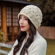 手工钩花帽子女秋冬百搭保暖柔软花朵套头帽双层针织毛线帽包头帽