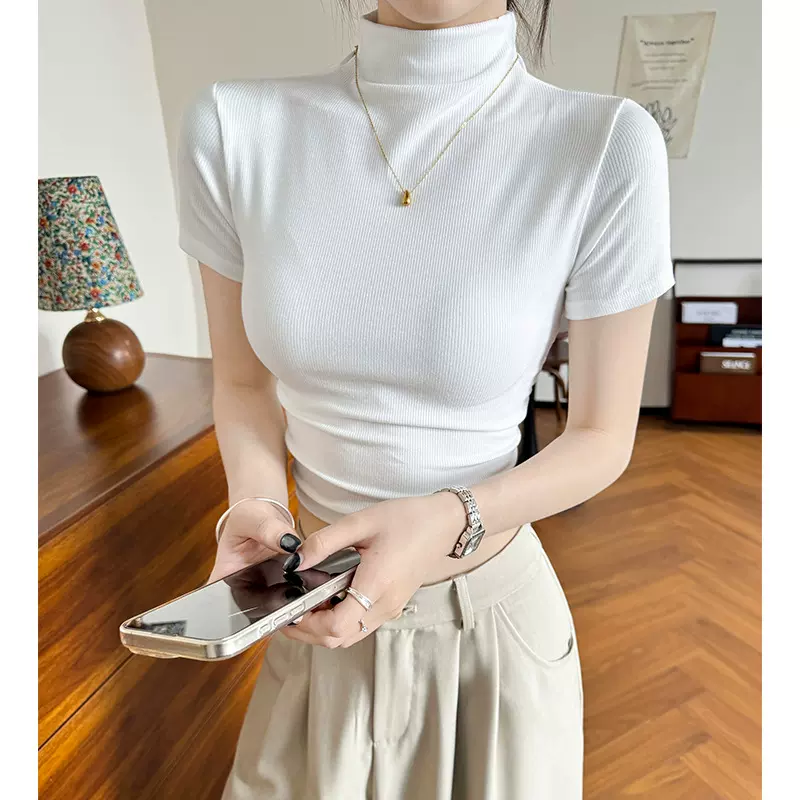 白色半高领短袖t恤女夏季新款女装修身半袖打底衫显瘦针织上衣女