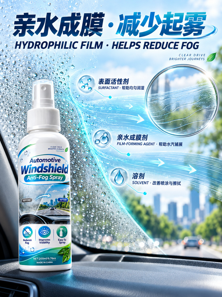 Car windshield anti-fog spray, automotive glass anti-fog spray, de-fogging agent, waterproof anti-fog spray, hydrophilic film for car glass