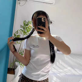 新款A字母小印花圆领短袖T恤女修身百搭纯棉短款上衣潮