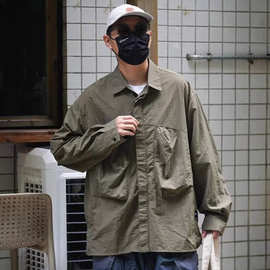 男士秋季休闲纯色衬衫2024新款日系设计感口袋装饰翻领衬衣男装