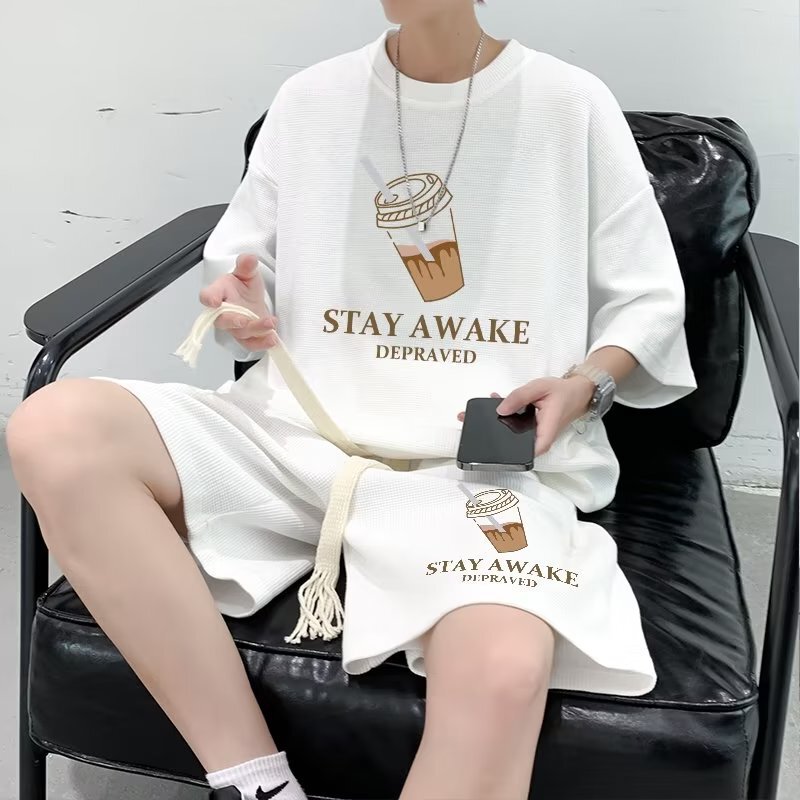 Sports Short-sleeved Suit Men's Summer Waffle T-shirt Shorts Set Teenager Fashionable All-match Casual Two-piece Suit Sports Short-sleeved Suit Men's Summer Waffle T-shirt Shorts Set Teenager Fashionable All-match Casual Two-piece Suit