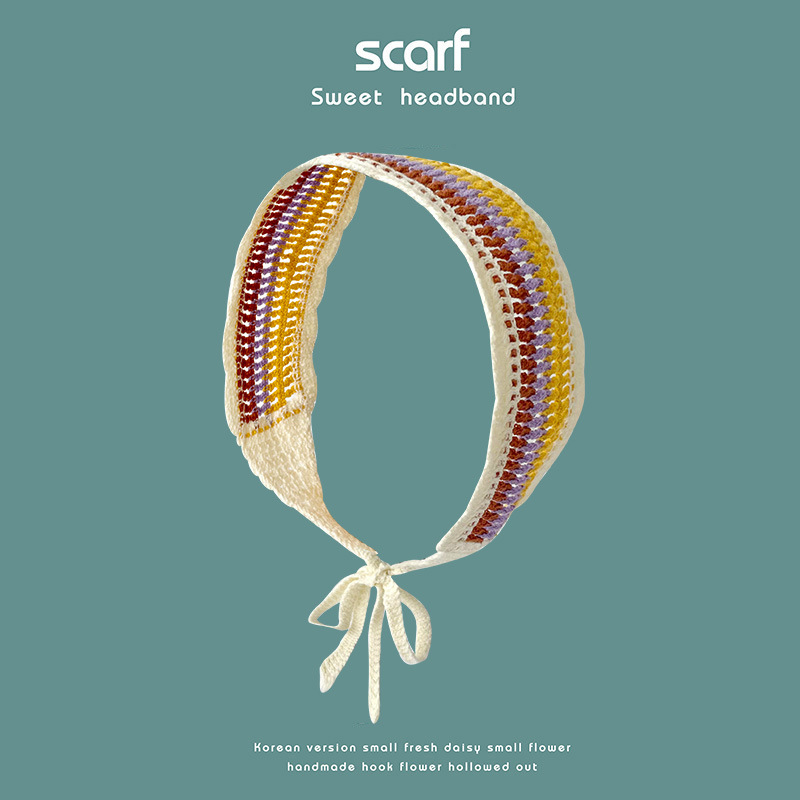 Nuevo colorido estilo étnico hecho a mano de ganchillo tejido banda de pelo de ala ancha estilo pastoral retro de las mujeres banda de pelo bolsa pañuelo sombrero