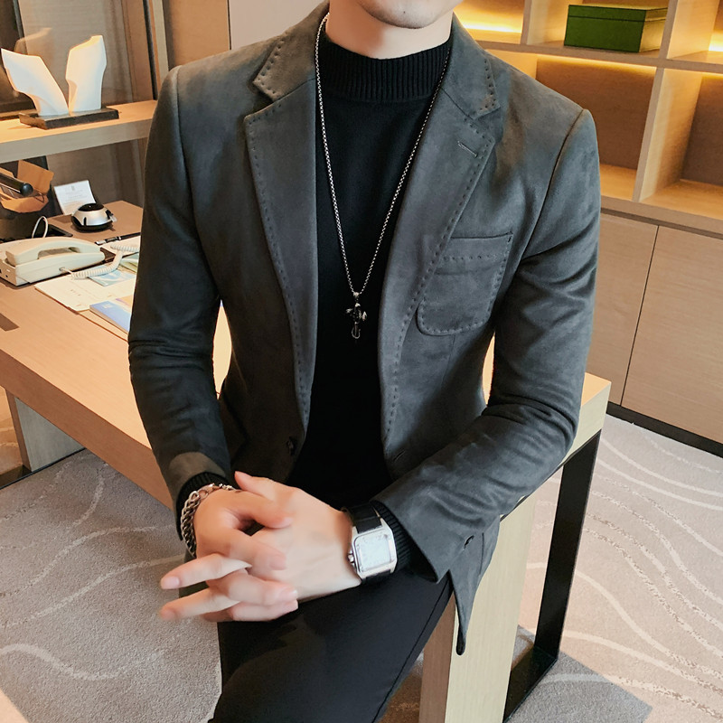 Transmisión en vivo para el otoño nueva chaqueta de traje de gamuza estilo coreano SLIM-Fit traje de color sólido traje casual de los hombres de moda